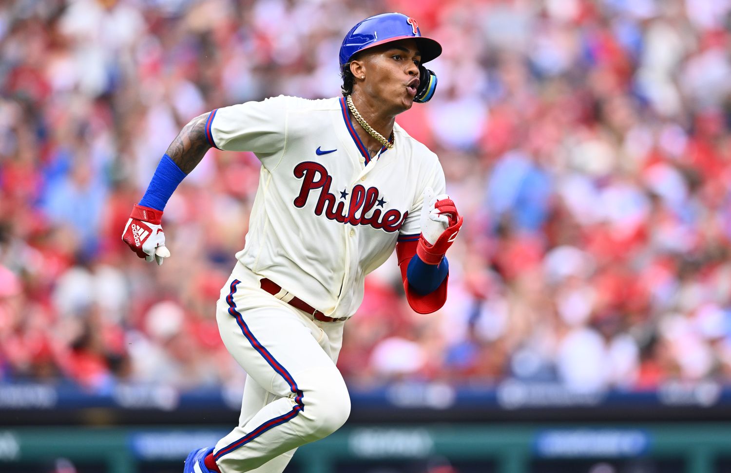 Jul 1, 2023; Philadelphia, Pennsylvania, USA; Philadelphia Phillies outfielder Cristian Pache (19) advances toward first after hitting an RBI double against the Washington Nationals in the third inning at Citizens Bank Park. Mandatory Credit: Kyle Ross-USA TODAY Sports  